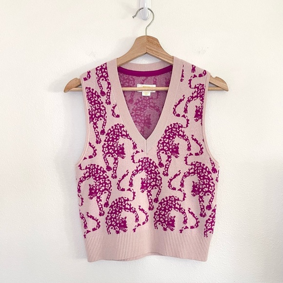 Anthropologie Maeve Jacquard Sweater Vest V Neck Pink Jaguar Cat Print XS - Picture 6 of 15